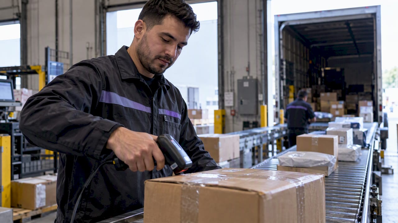 Worker scanning parcel for tracking update