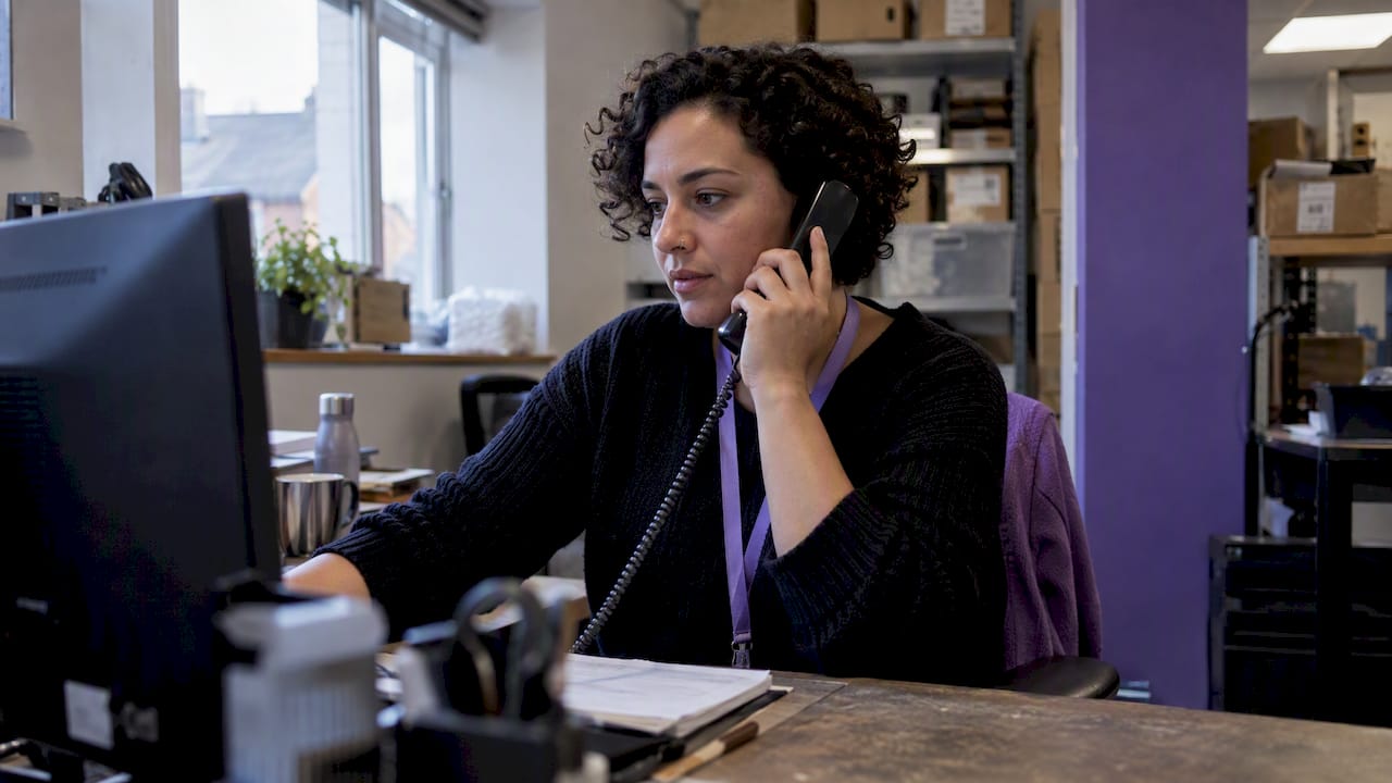Support specialist checks an order during a call